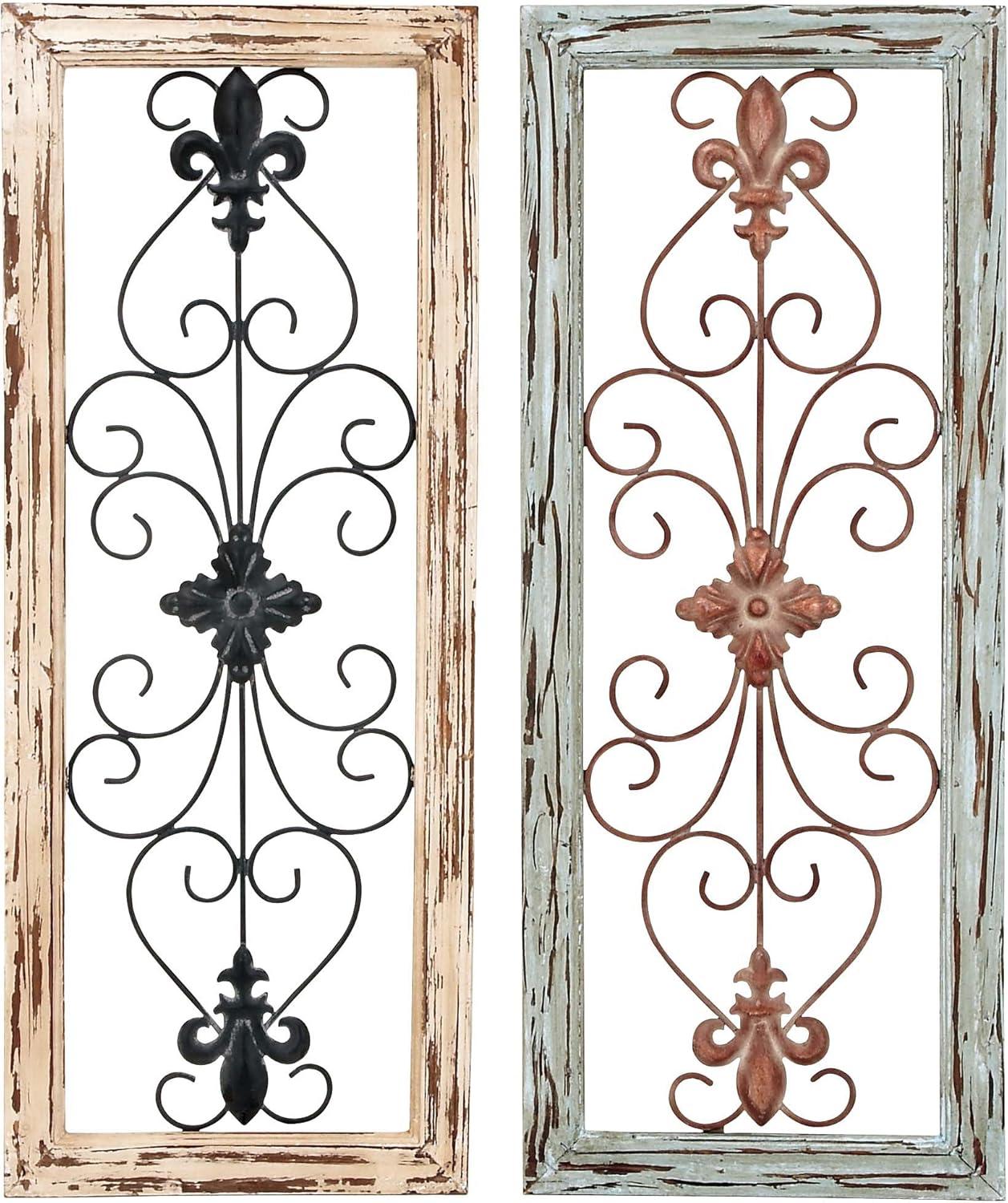 Multi-Colored Weathered Wood and Metal Scroll Wall Decor Set