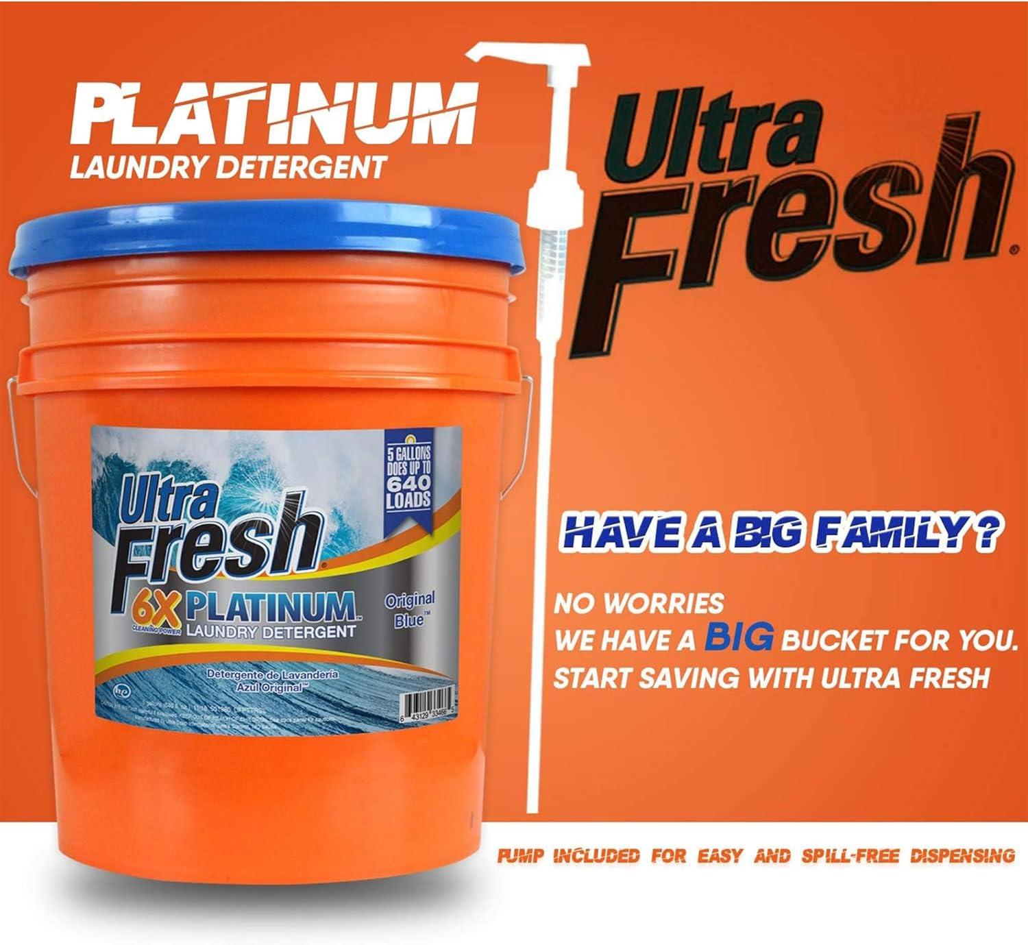Ultra Fresh 5 Gallon Liquid Laundry Detergent Washing Soap for All Machine Types, 6X Platinum, Up to 640 Loads, Original Blue