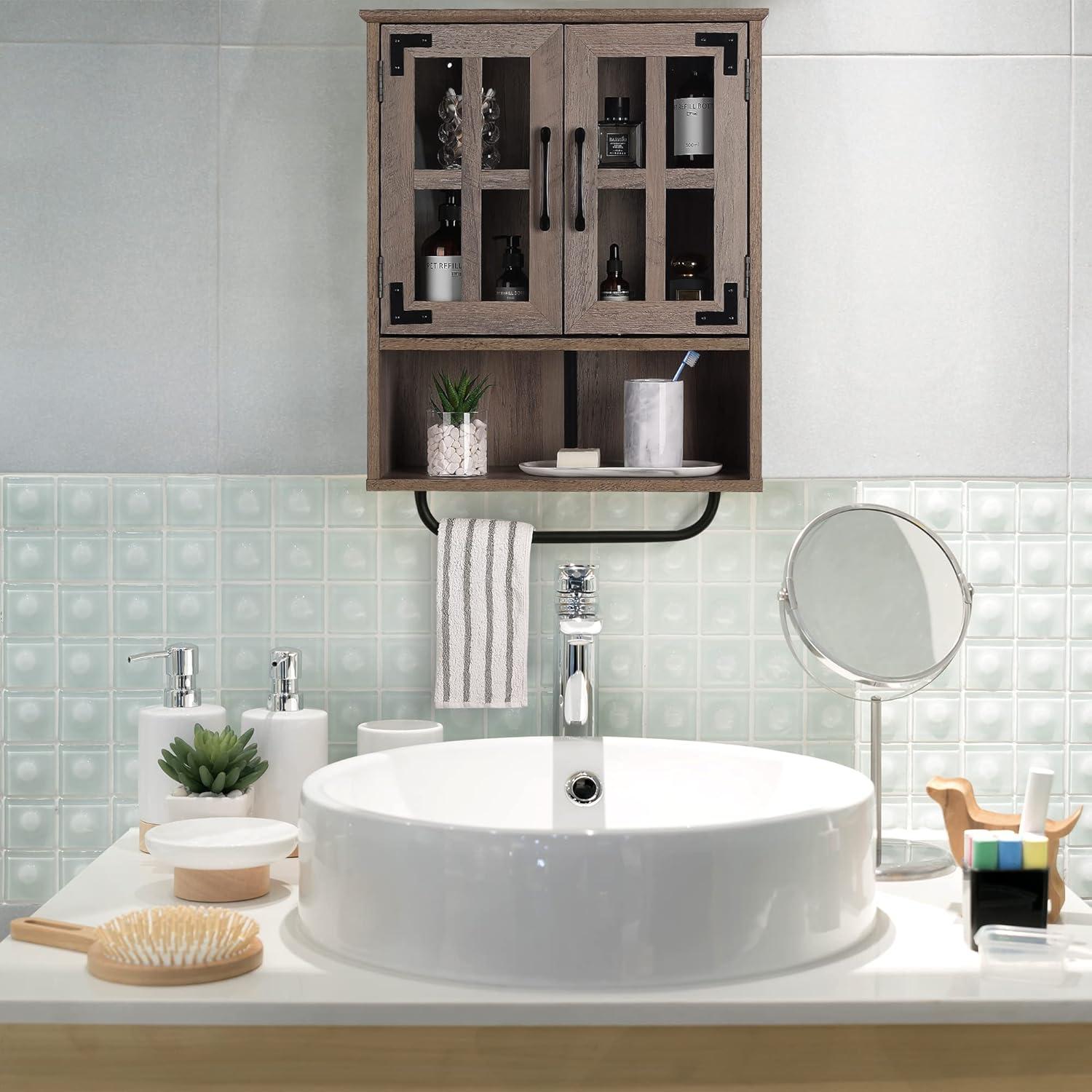 Wood Wall Storage Cabinet With Cross Glass Doors, Farmhouse Wall Mounted, 3 Tier Rustic Cabinet With Adjustable Shelves And Towel Bar For Bathroom, Living Room, Vintage White