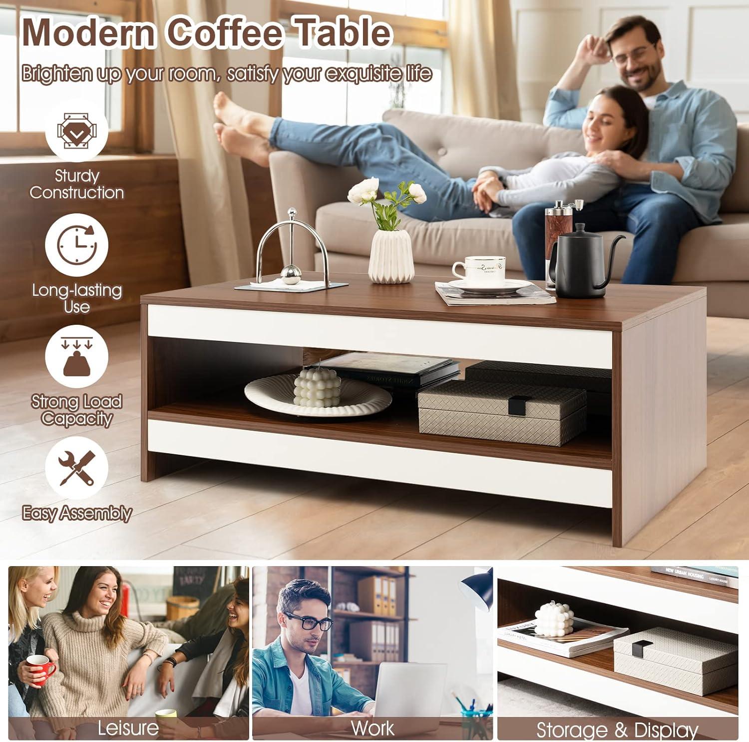 Modern Brown and White 2-Tier Rectangular Wood Coffee Table