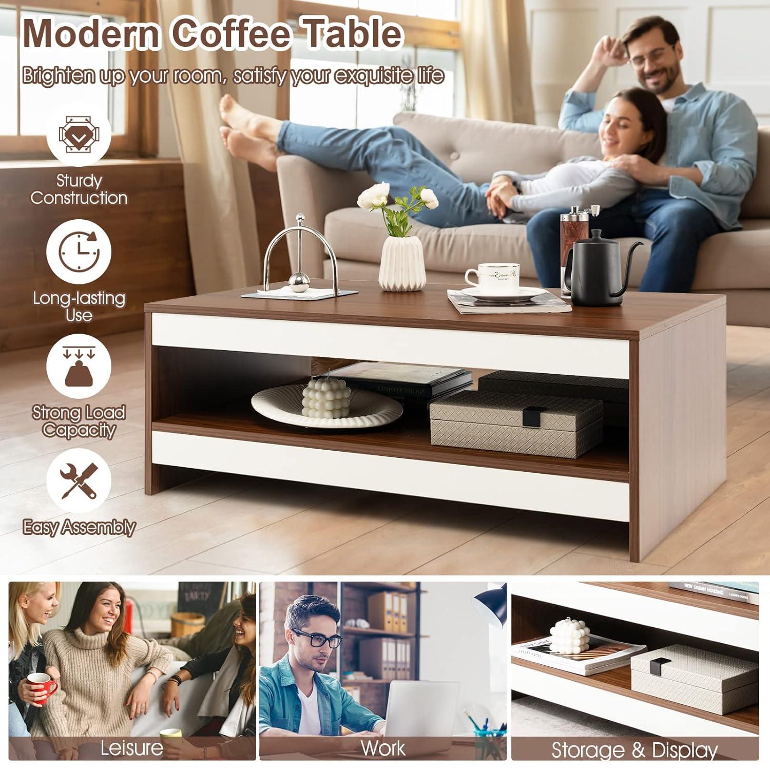 Tangkula Modern Coffee Table for Living Room, 2-Tier Rectangle Coffee Table with 37" Large Tabletop and Open Shelf, Wood Central Tea Table, Cocktail Table for Reception Office (Brown)