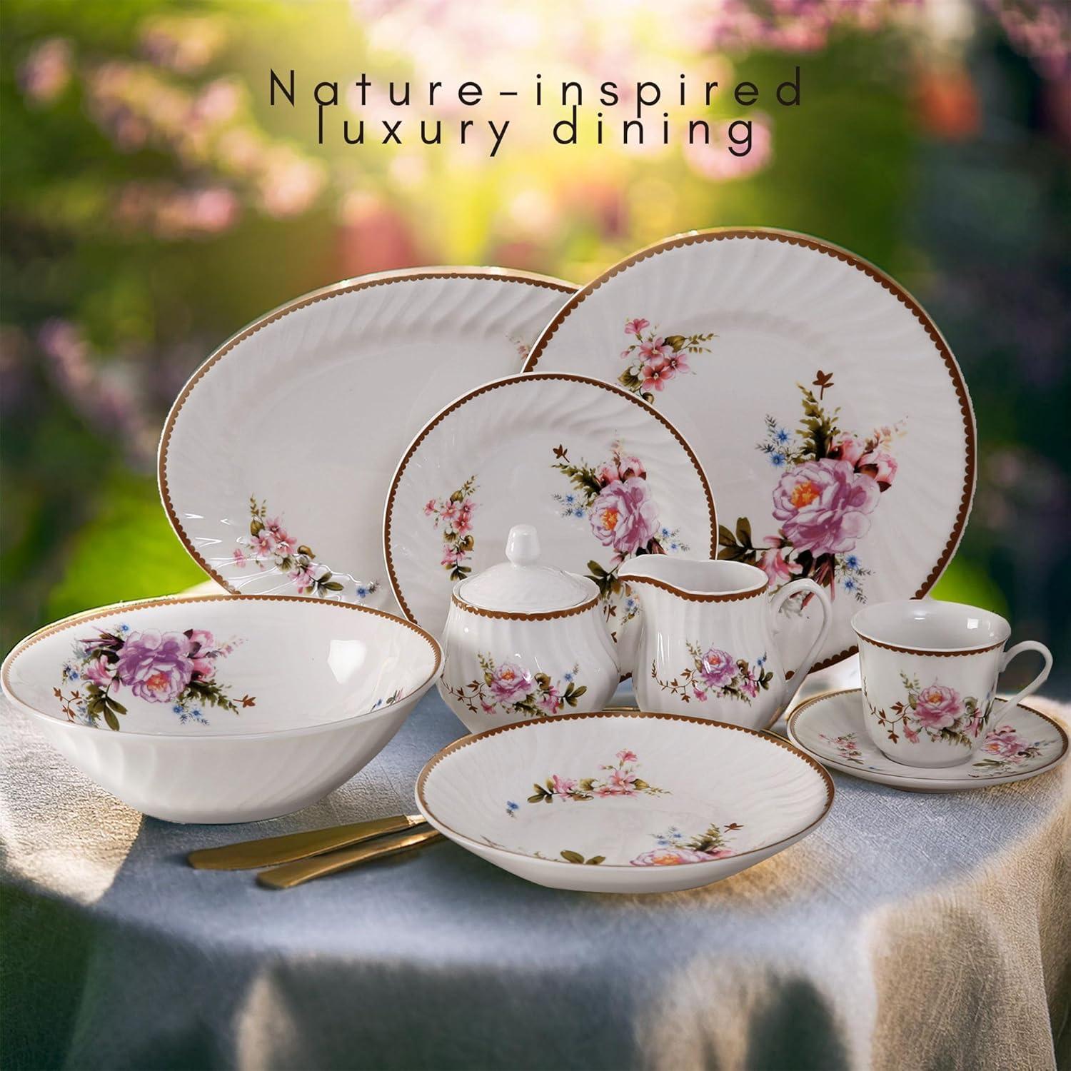 Lynns Paradise Timeless Rose Floral 45-Piece Dinnerware Set, Service for 8, Pink; 24K Gold Trim, Embossed Swirl, Colorful Floral Print, Porcelain