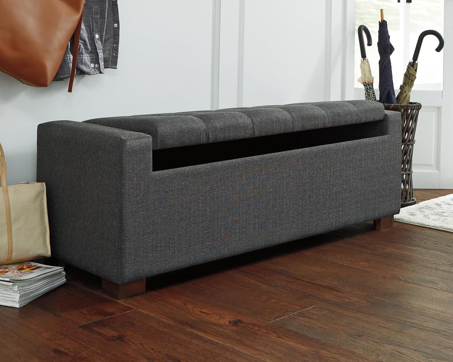 Transitional Charcoal Gray Tufted Storage Bench with Brown Wood Legs