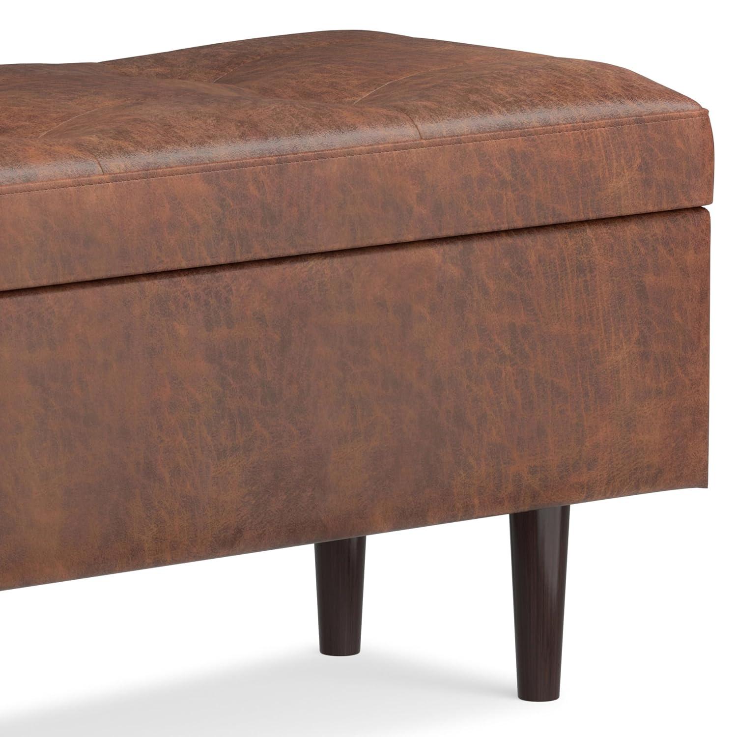 Simpli Home Shay 48 inch W. Modern Storage Ottoman in Distressed Saddle Brown Faux Leather
