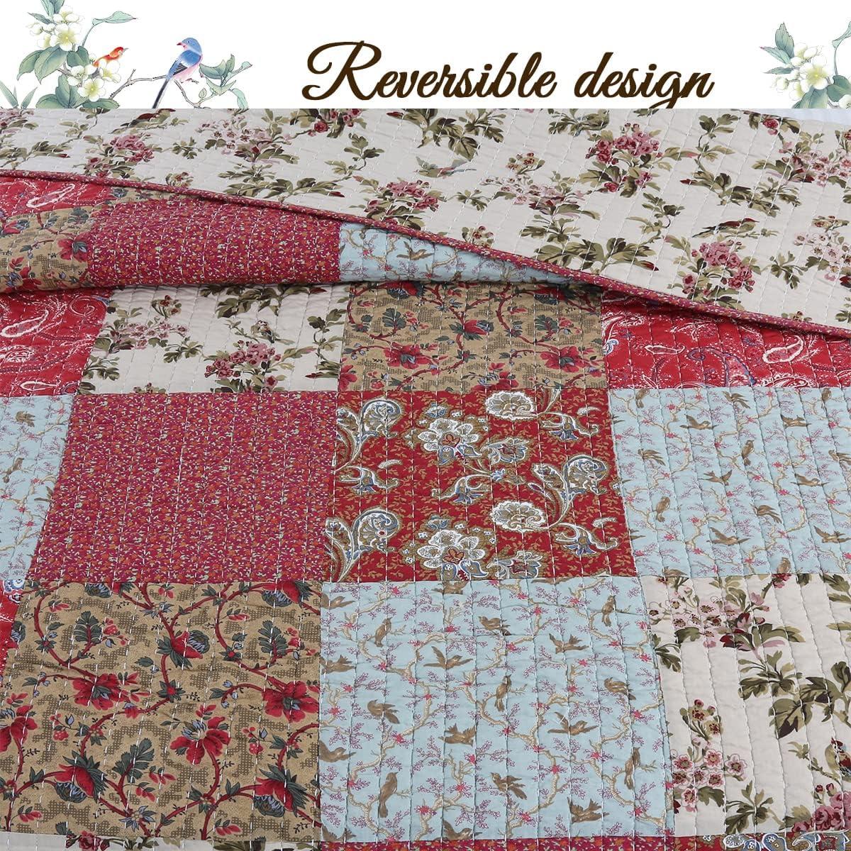 Queen Blue and Red Cotton Reversible Patchwork Quilt Set