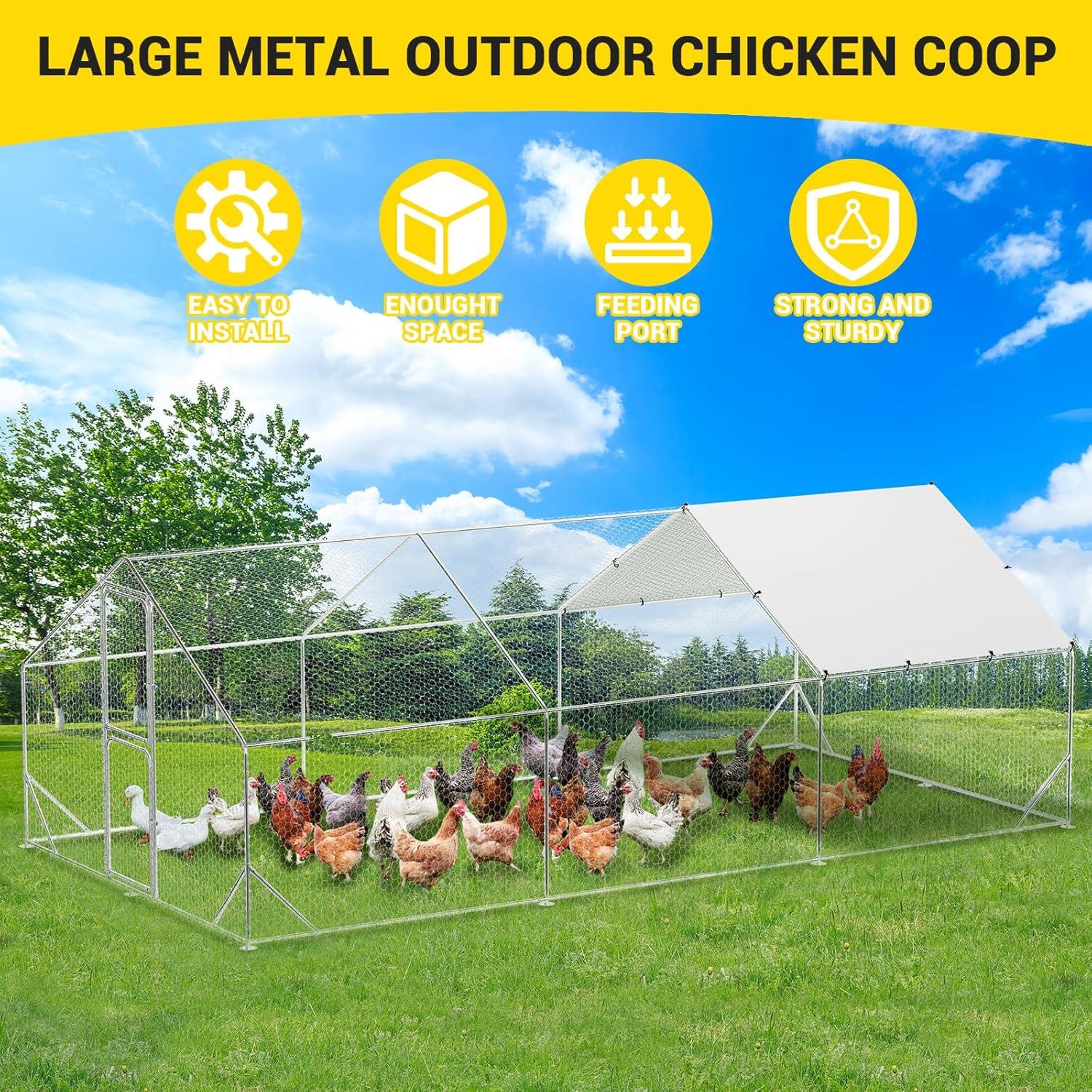 TROPOW Large Metal Chicken Coop, Walk in Chicken Runs with Cover for Yard, Large Chicken Coop with Double Door, Metal Chicken Pens for Outdoor Farm Yard (19.7'L x 9.8'W x 6.6'H)