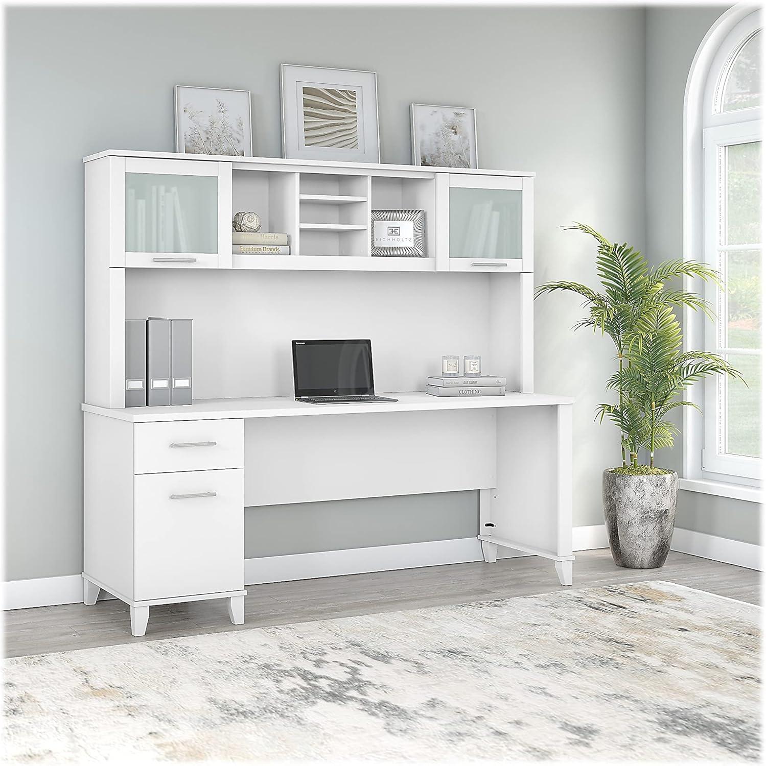 Somerset 72W Office Desk with Drawers and Hutch in White - Engineered Wood