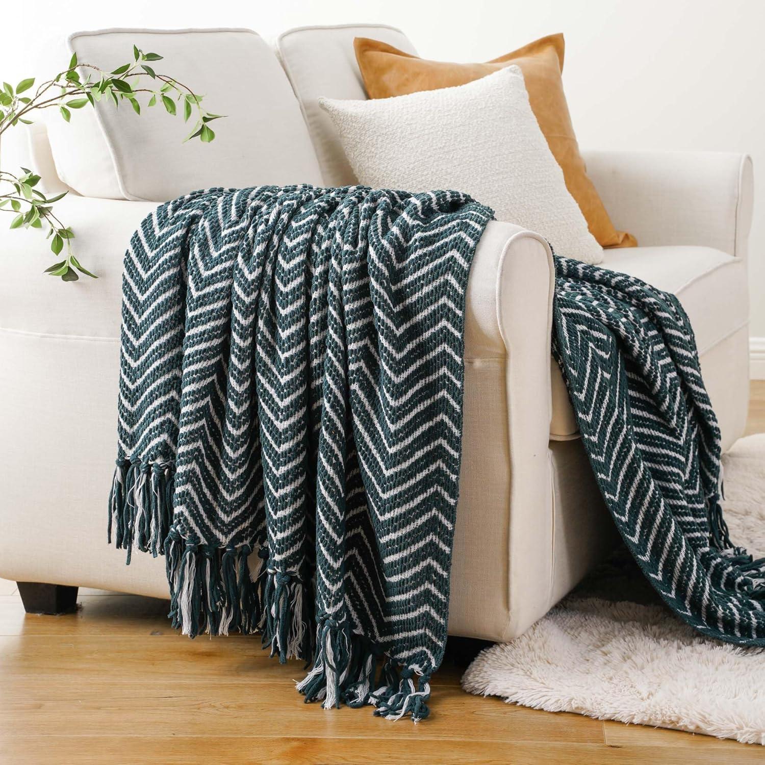 Dark Green and White Knitted Reversible Throw Blanket with Fringe