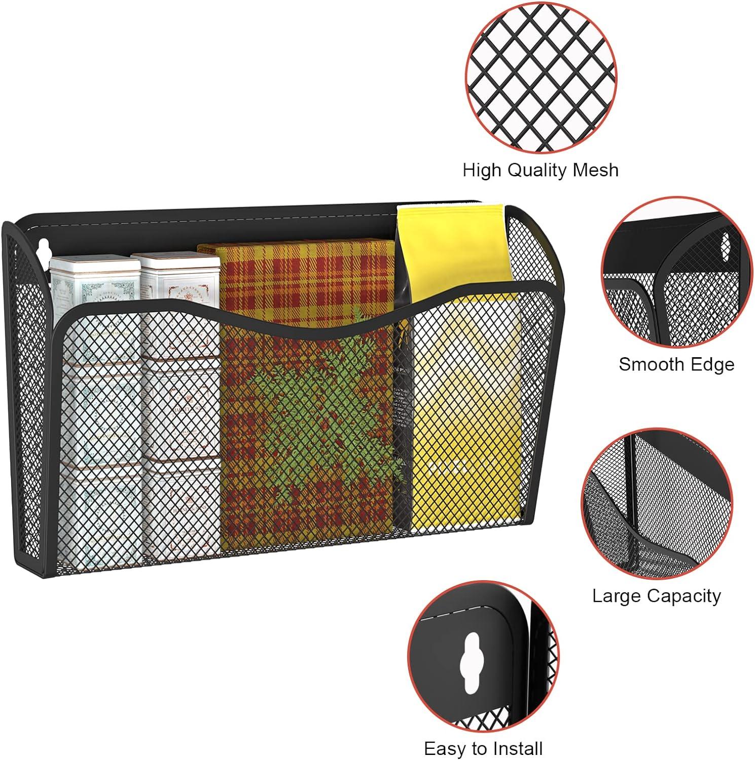 Black Metal Mesh 3-Pocket Wall File Organizer