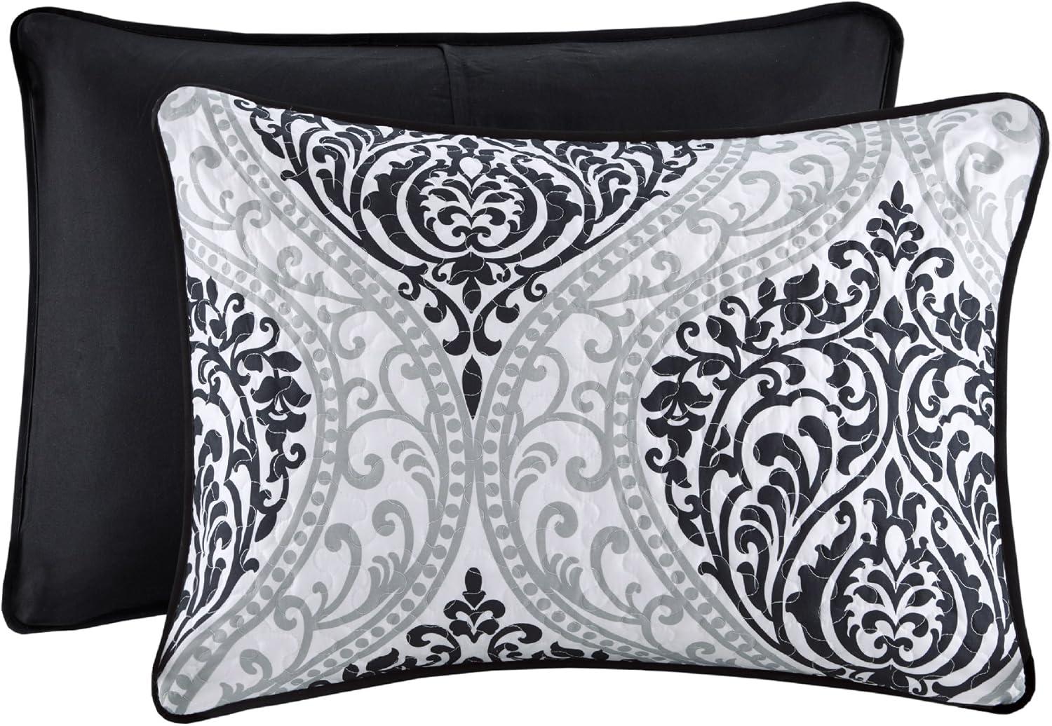 Comfort Spaces Full/Queen Quilt Set 3-Piece Black/White Printed Damask Breathable Lightweight Summer Comforter Set