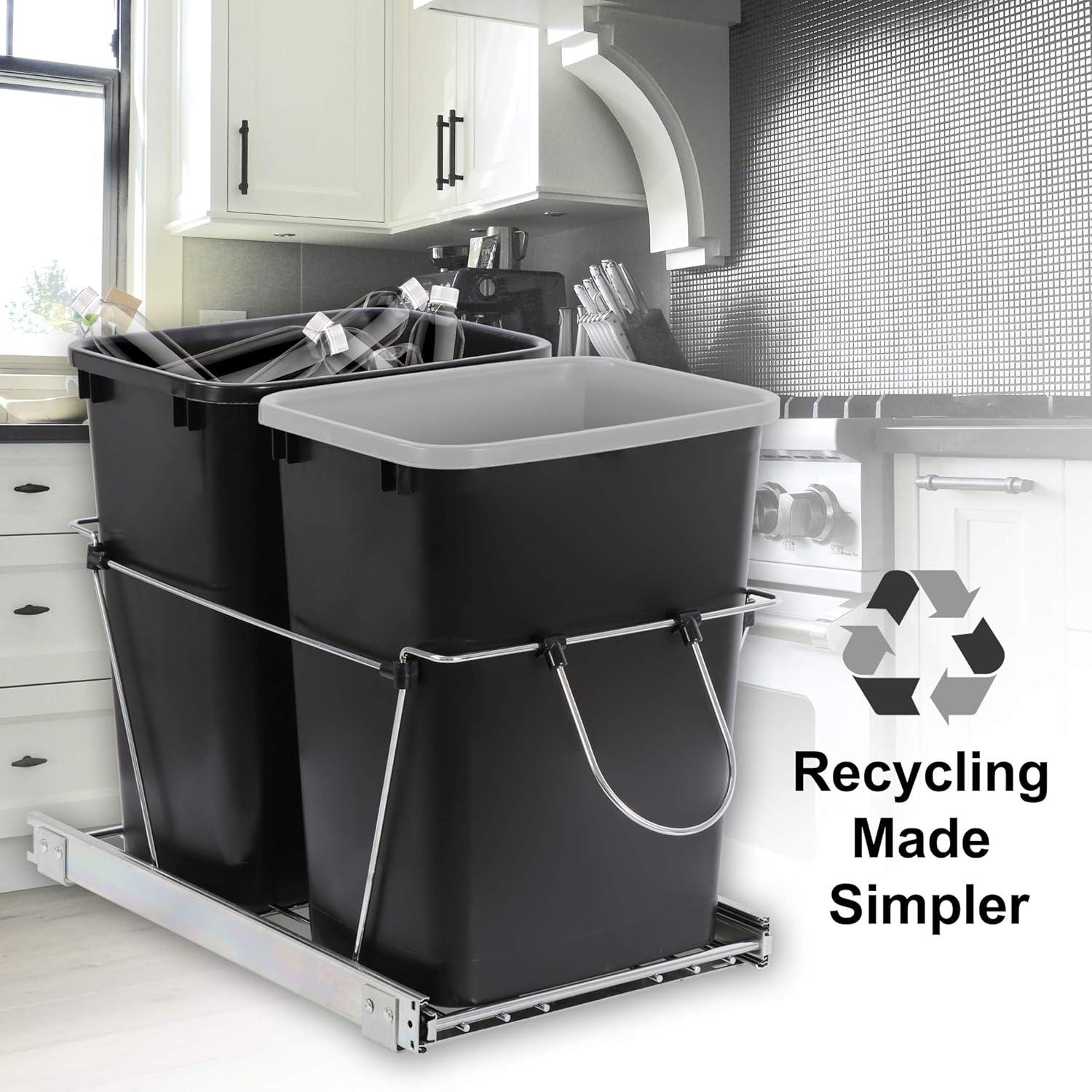 Double 35-Quart Sliding Pull Out Waste Bin Container, Kitchen Trash Can Under Cabinet Dual Trash Can Under Sink for Home Base Kitchen Cabinet - 17.5 Gallon