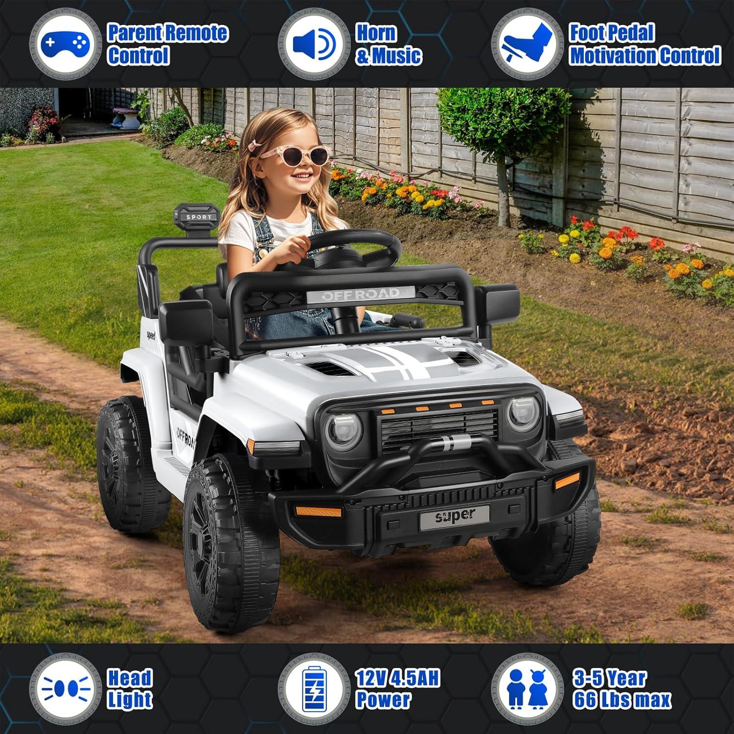 Himimi 12V Ride On Toys For Kids With Remote Control, 1 Seater Kids Electric Car Jeep,LED Lights, Multi-Speed Transmission, MP3 Player