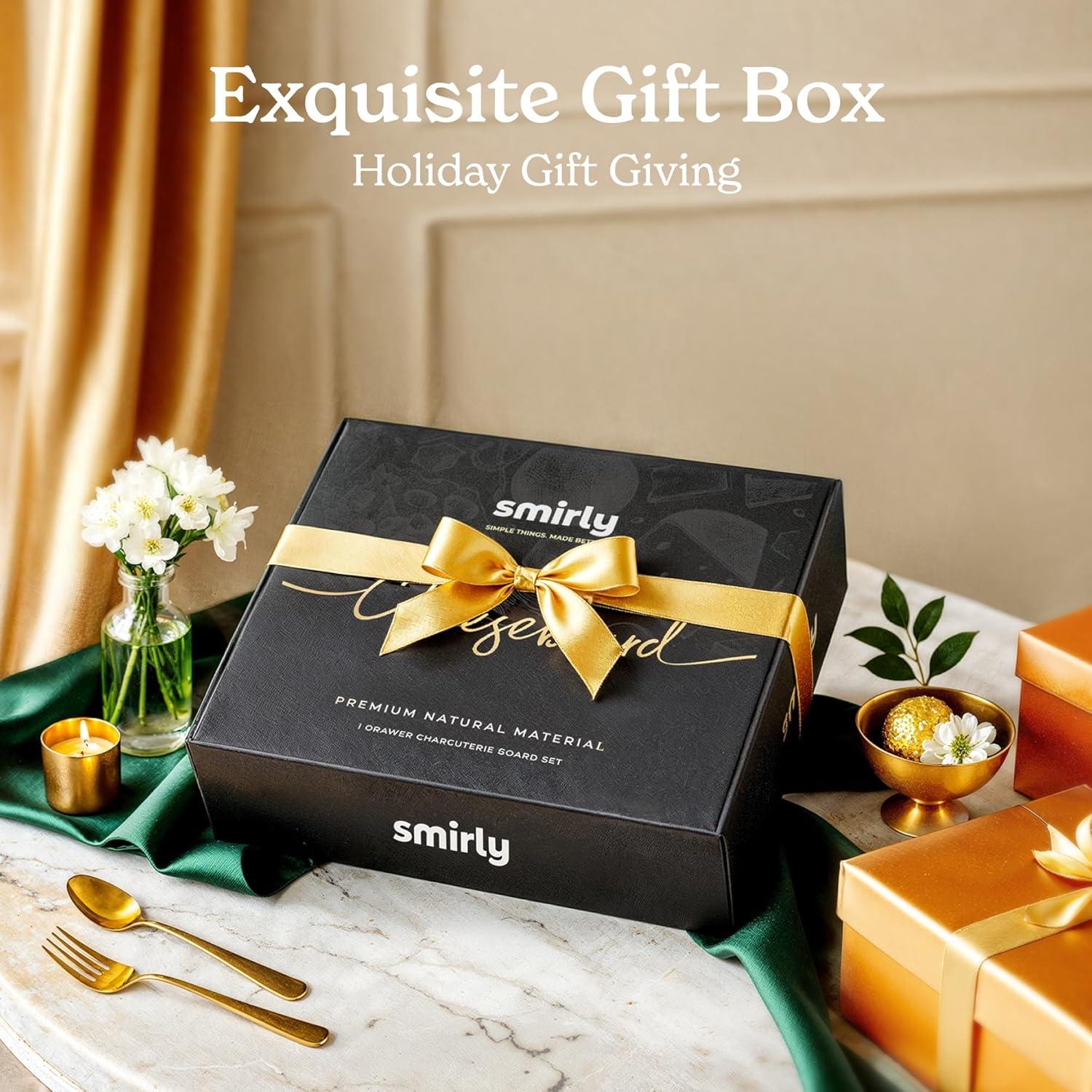 SMIRLY Charcuterie Board Set Large Bamboo Cheese Board with Fruit Tray & 2 Ceramic Bowls