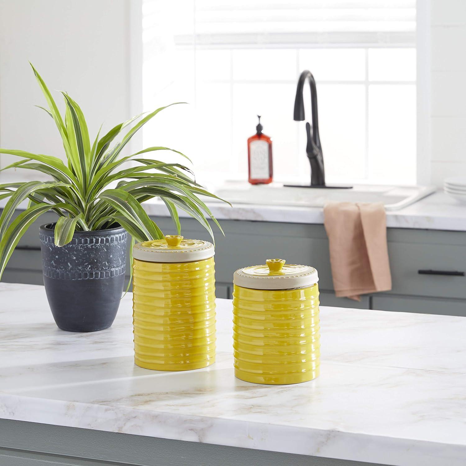 Yellow Ceramic Farmhouse Canister Set with Grooves