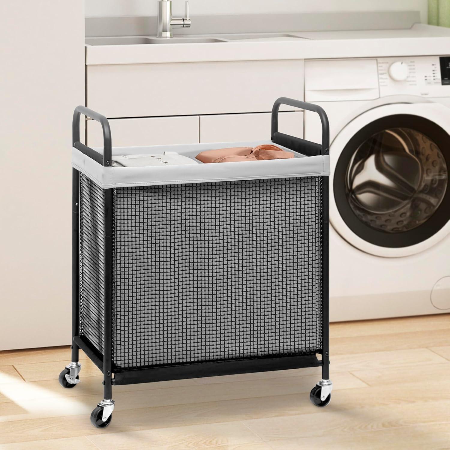 STORAGE MANIAC Rolling Laundry Hamper with Wheels 2-Section Laundry Sorter Rolling Laundrys Basket on Wheels with Removable Bag Clothes Hamper Laundrys Organizer Cart Bathroom Bedroom 100L Grey