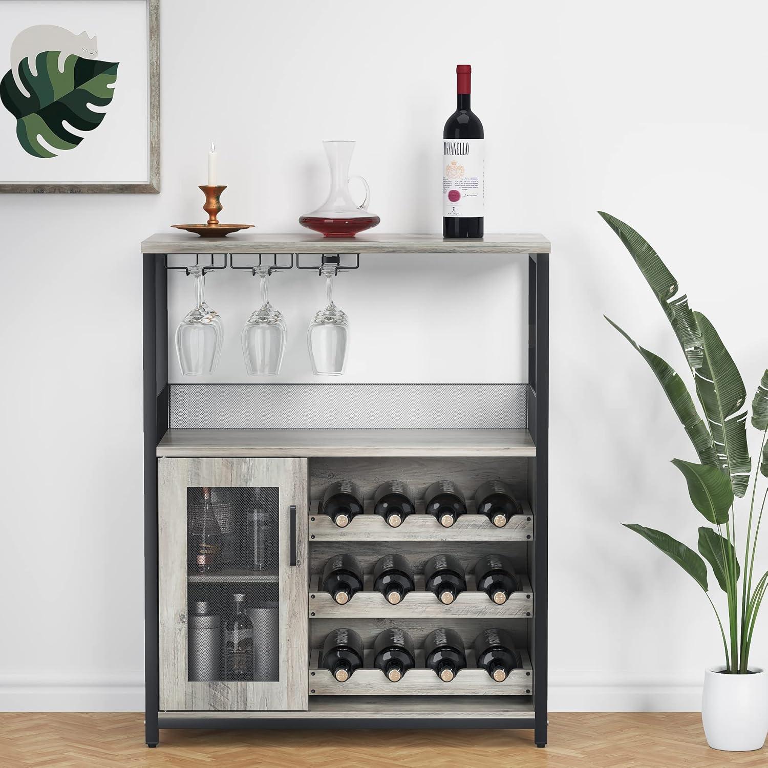 Towallmark Bar Storage Cabinet with Removable Wine Rack, Wine Bar Buffet Cabinet with Storage, Liquor Bar Buffet Sideboard, Gray