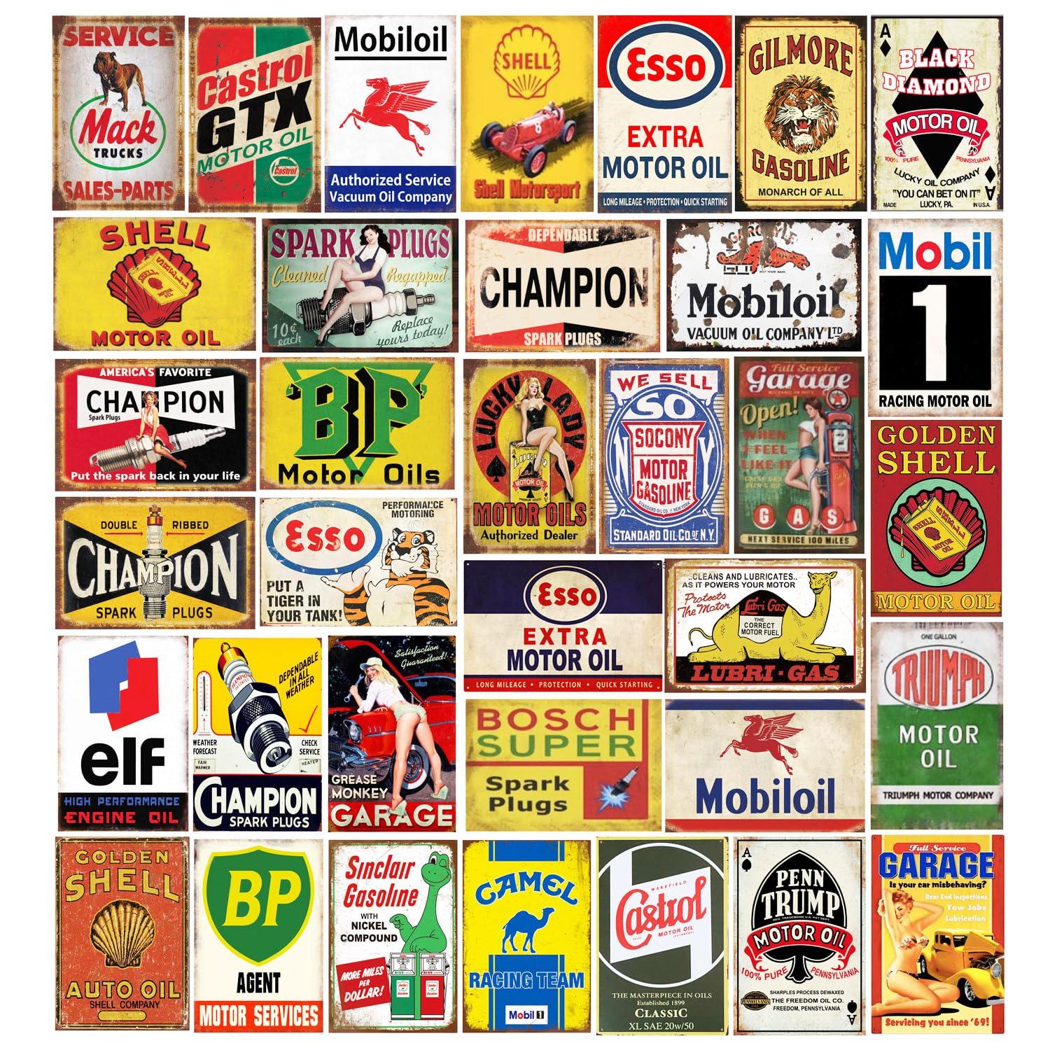 Reproduced Vintage Tin Sign Pack, Gas Oil Retro Advert Antique Metal Signs for Garage Man Cave Bar Kitchen, Nostalgic Car Decor, 8x12 Inch (35 Pieces A)