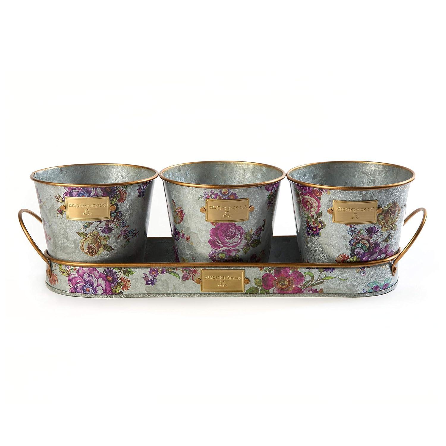 MacKenzie-Childs Flower Market Galvanized Herb Pots With Tray, Set Of 3