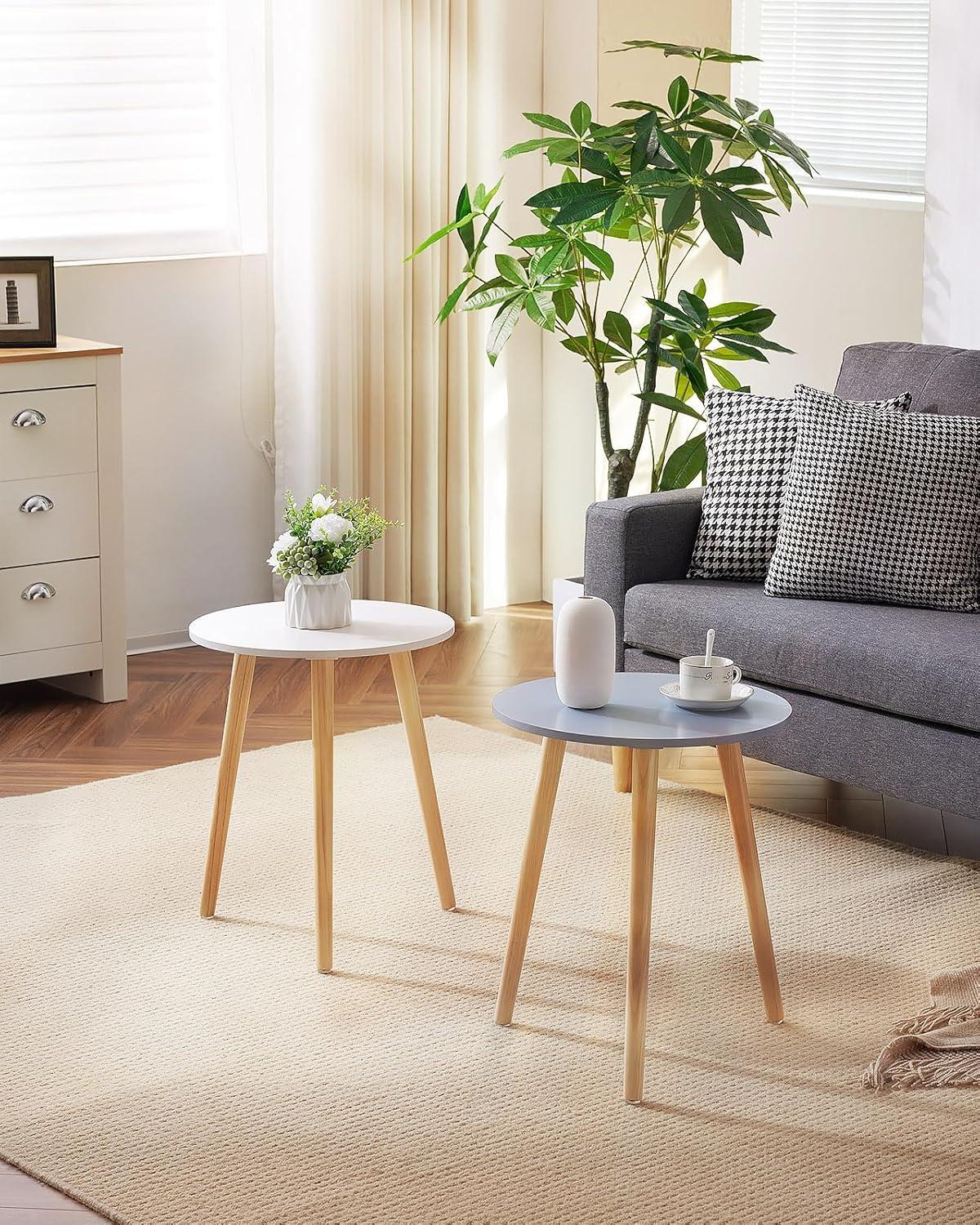 White Round Side Tables with Natural Wood Legs, Set of 2