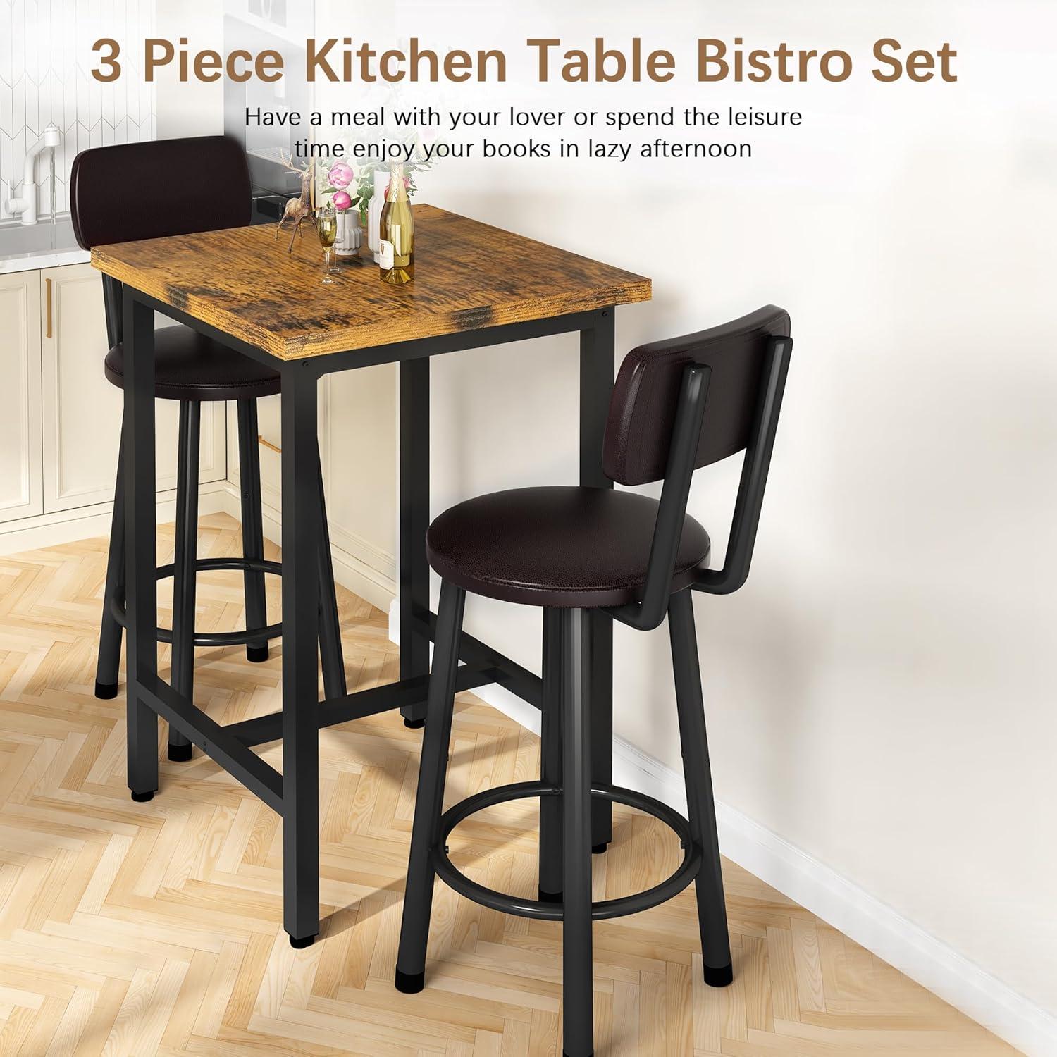 TiaGOC 3 Piece Pub Dining Set, Modern bar Table and Stools for 2 Kitchen Counter Height Wood Top Bistro Easy Assemble for Breakfast Nook Living Room Small Space Restaurant, Rustic Brown 24”