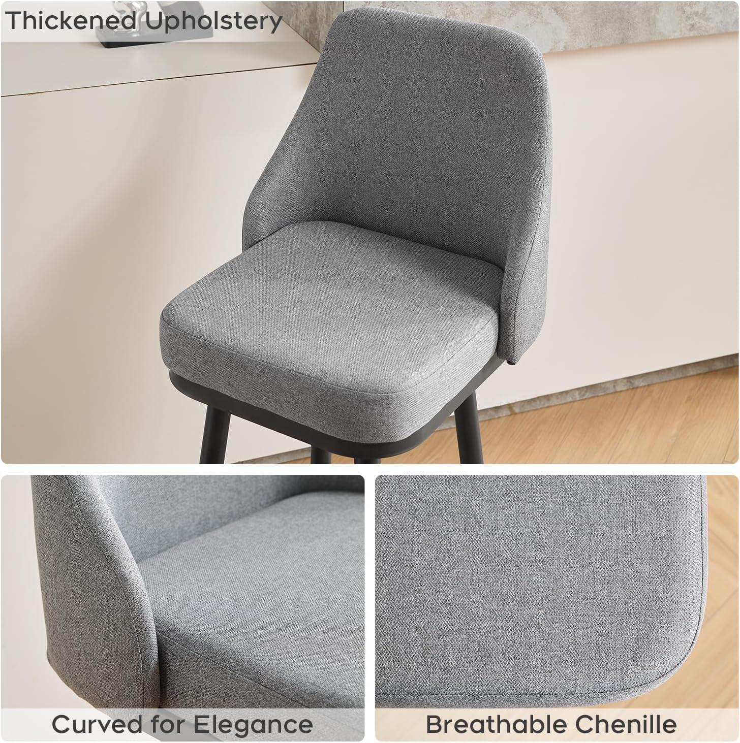 ELIASER Bar Stools Set of 2,Counter Height Barstools Swivel Chair for Kitchen Counter with Back Upholstered Linen Foam Cushion,Metal Leg 29 Inch and 24 Inch Gray
