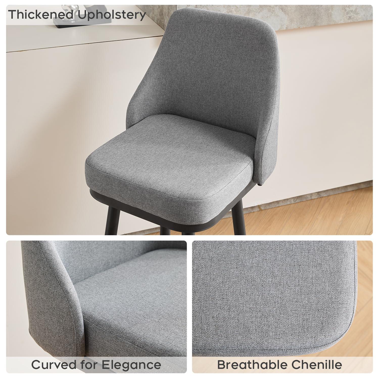 ELIASER Bar Stools Set of 2,Counter Height Barstools Swivel Chair for Kitchen Counter with Back Upholstered Linen Foam Cushion,Metal Leg 29 Inch and 24 Inch Gray