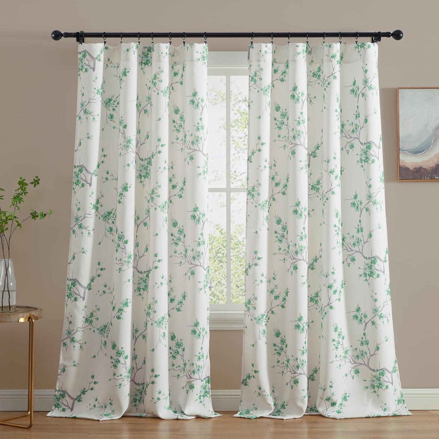 HLC.ME Jasmine Floral Patterned Window Rod Pocket Curtains - Light Blocking Darkening Window Panels, Set of 2 - Seafoam Green, 52 W x 84 L