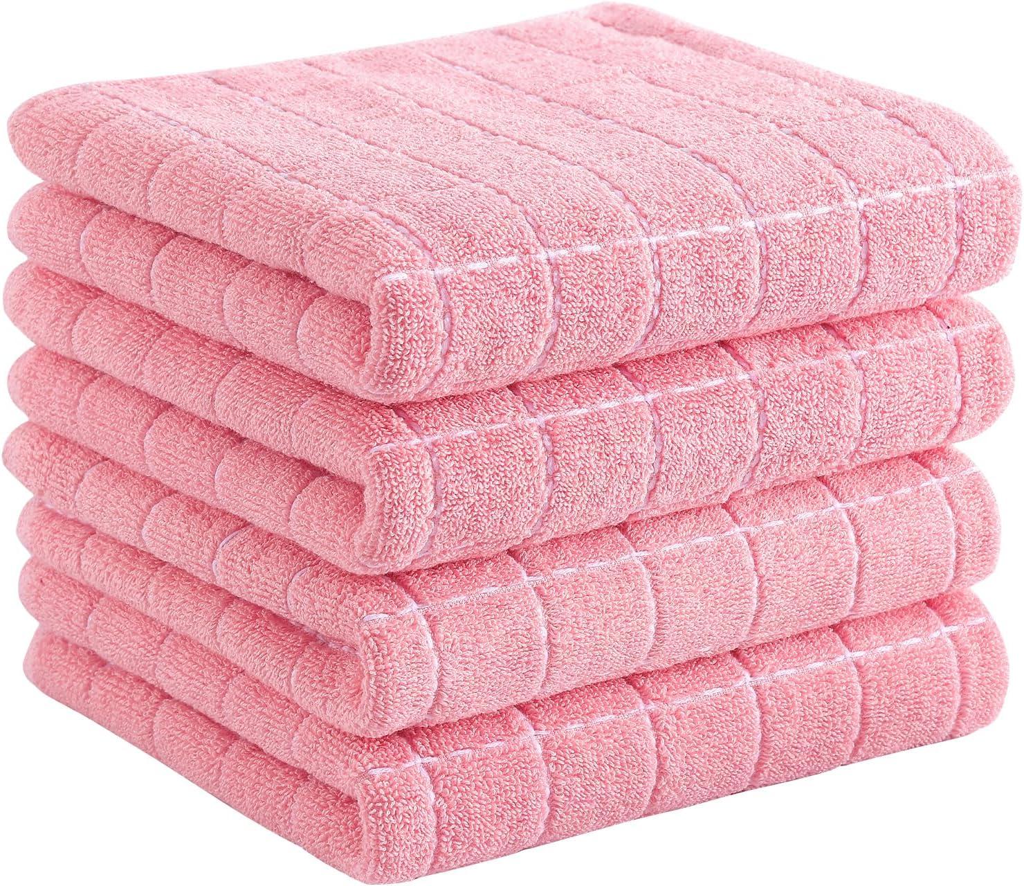 decorUhome 100% Cotton Terry Kitchen Towels(Pink, 13 x 28 inches), Checkered Designed, Soft and Super Absorbent Dish Towels, 4 Pack