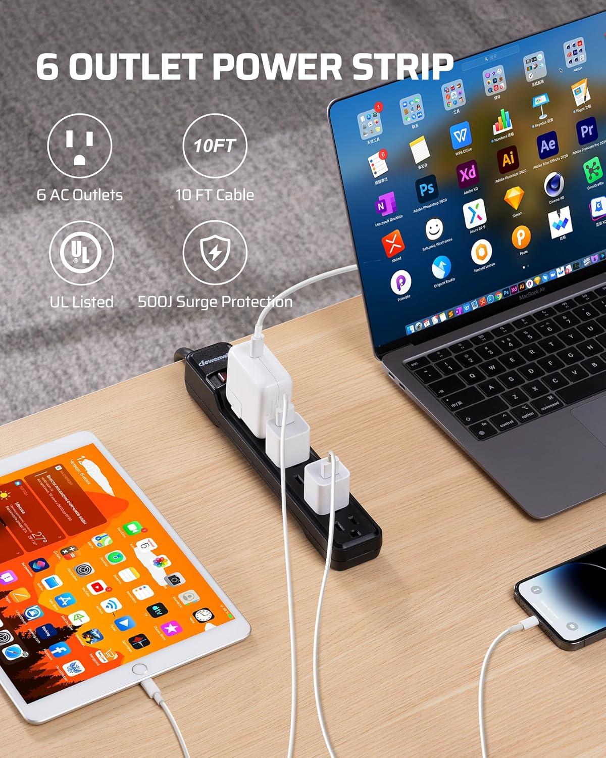 Black 6-Outlet Power Strip with 10ft Cord and Surge Protector