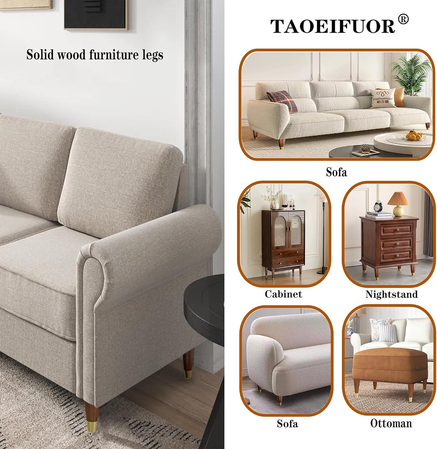 Hard Wood Furniture Legs with Gold Caps 6 Inch Mid-Century Modern Replacement Legs for Couch Dresser Cabinet Vanity Ottoman Walnut Color Sofa Legs Set of 4