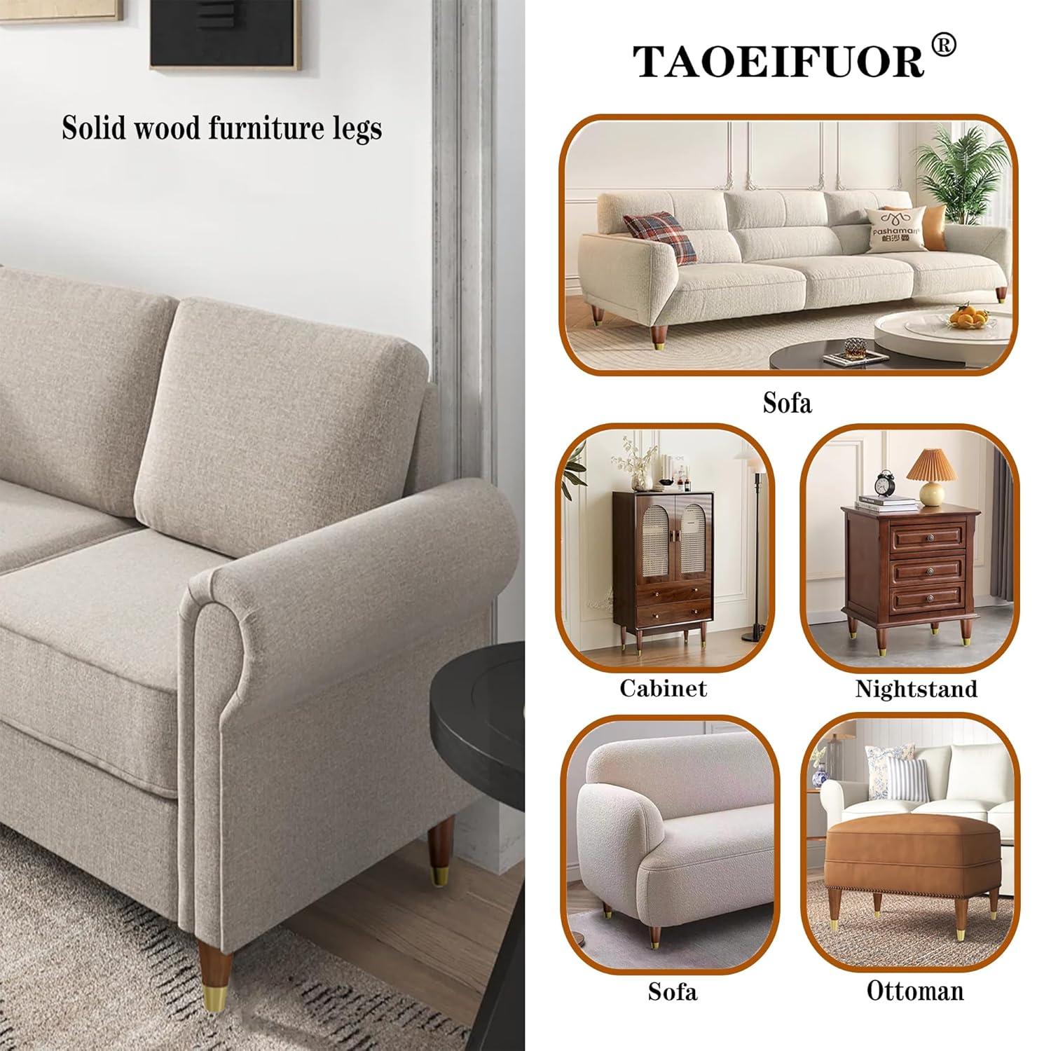 Hard Wood Furniture Legs with Gold Caps 6 Inch Mid-Century Modern Replacement Legs for Couch Dresser Cabinet Vanity Ottoman Walnut Color Sofa Legs Set of 4