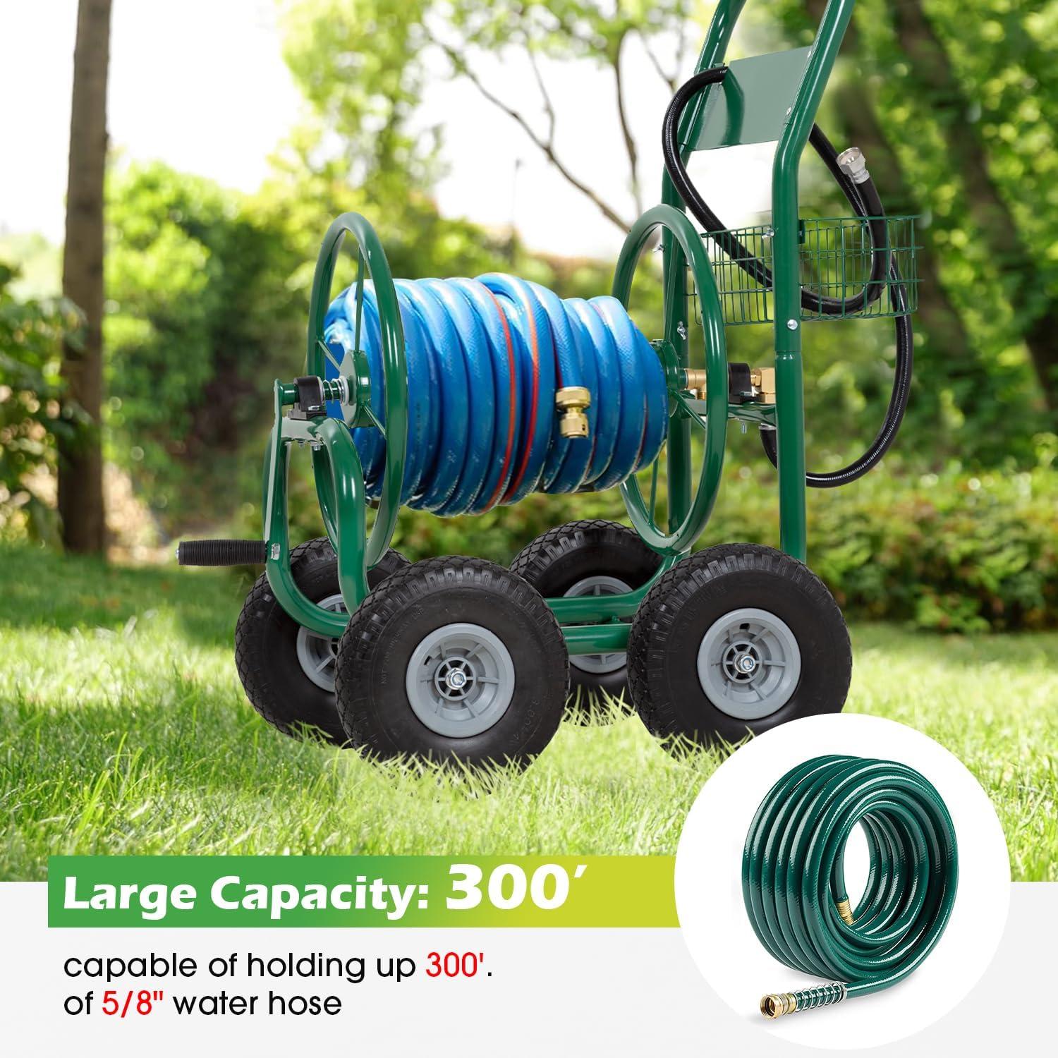 Heavy Duty Green Alloy Steel Garden Hose Reel Cart with Pneumatic Tires