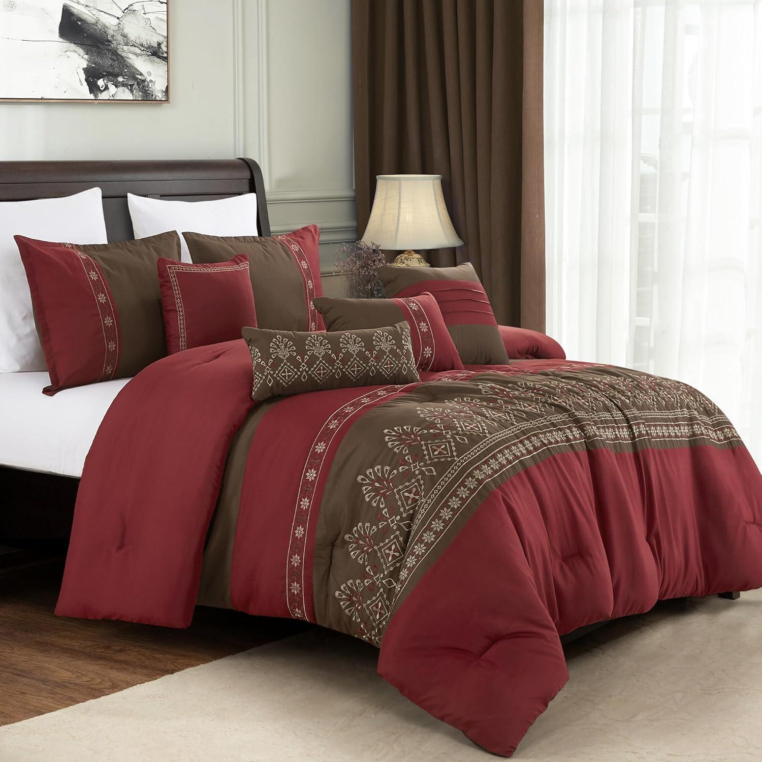 King Size 7 Piece Burgundy Brown Embroidery Soft Bedding Comforter Set