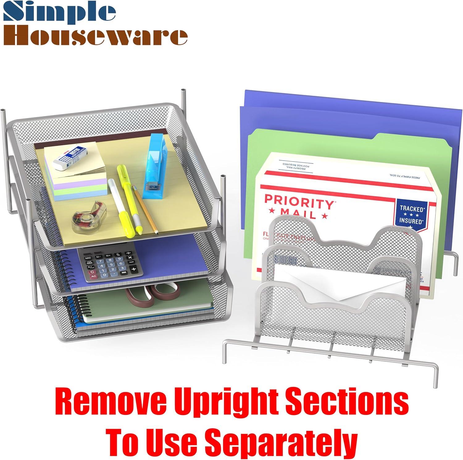 Simple Houseware Desk 3 Sliding Tray and 5 Stacking Section Organizers, Silver