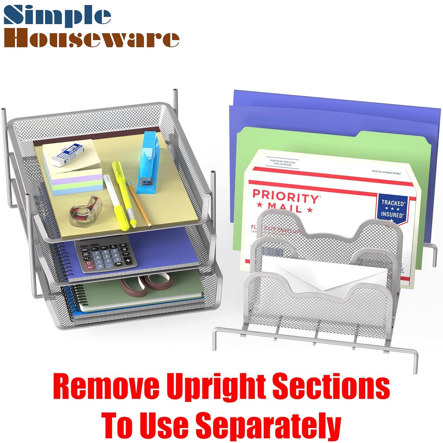 Simple Houseware Desk 3 Sliding Tray and 5 Stacking Section Organizers, Silver