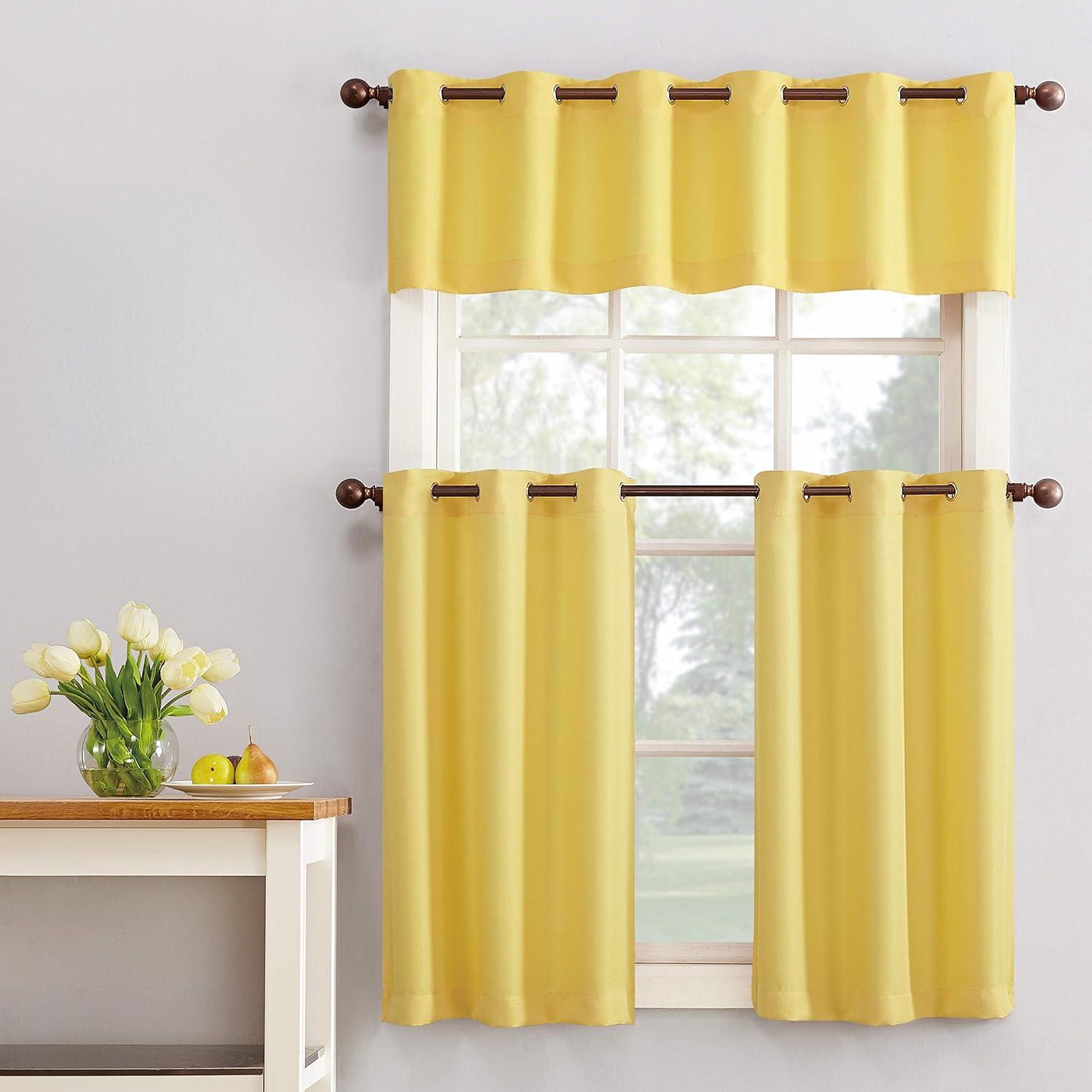 2pc 56"x24" No. 918 Semi-Sheer Montego Casual Textured Grommet Kitchen Curtain Tier Pair Yellow: 24 Inch Kitchen Window Curtains