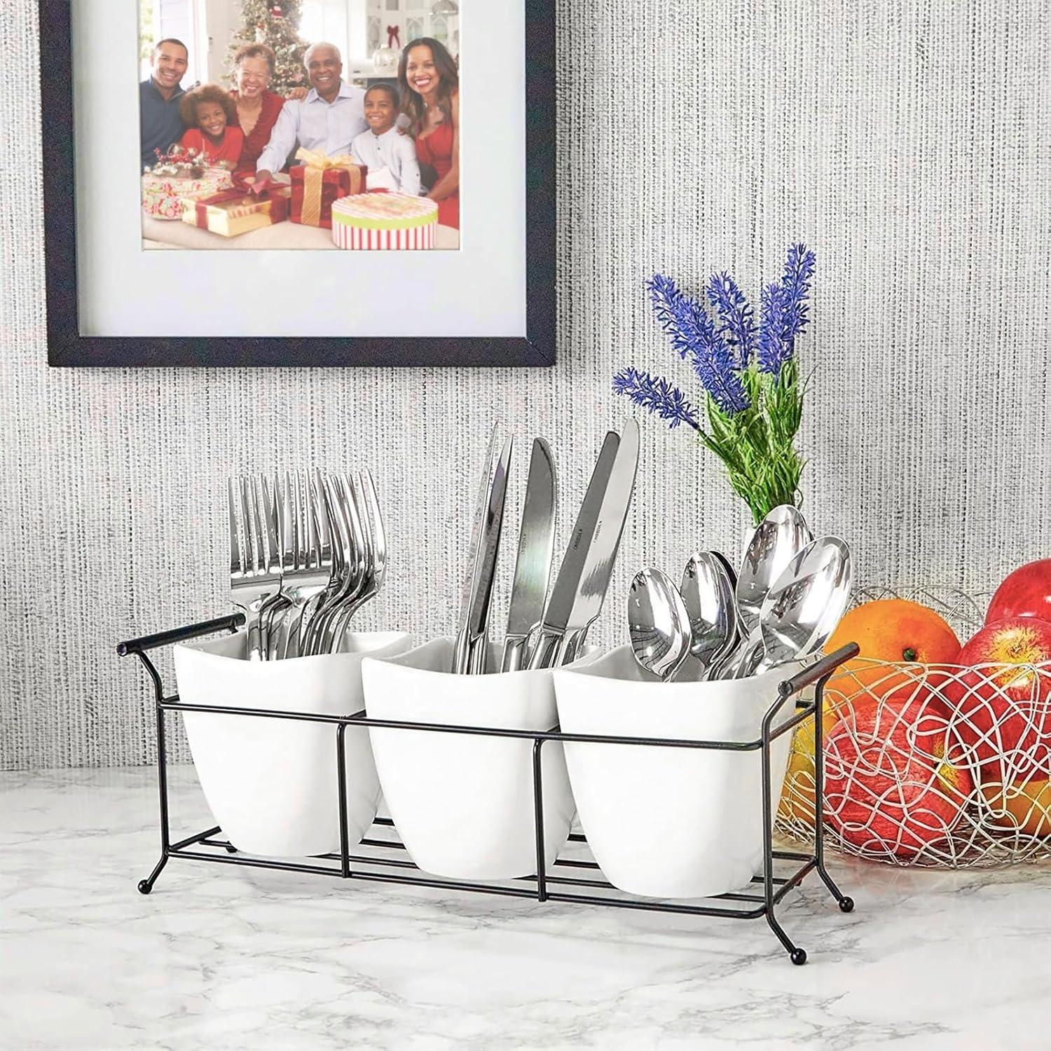 3 Piece White Ceramic Utensil Holder with Metal Stand, Flatware Caddy for Cutlery, Silverware, Kitchen Organizing (White, 13 x 4 x 5 In)