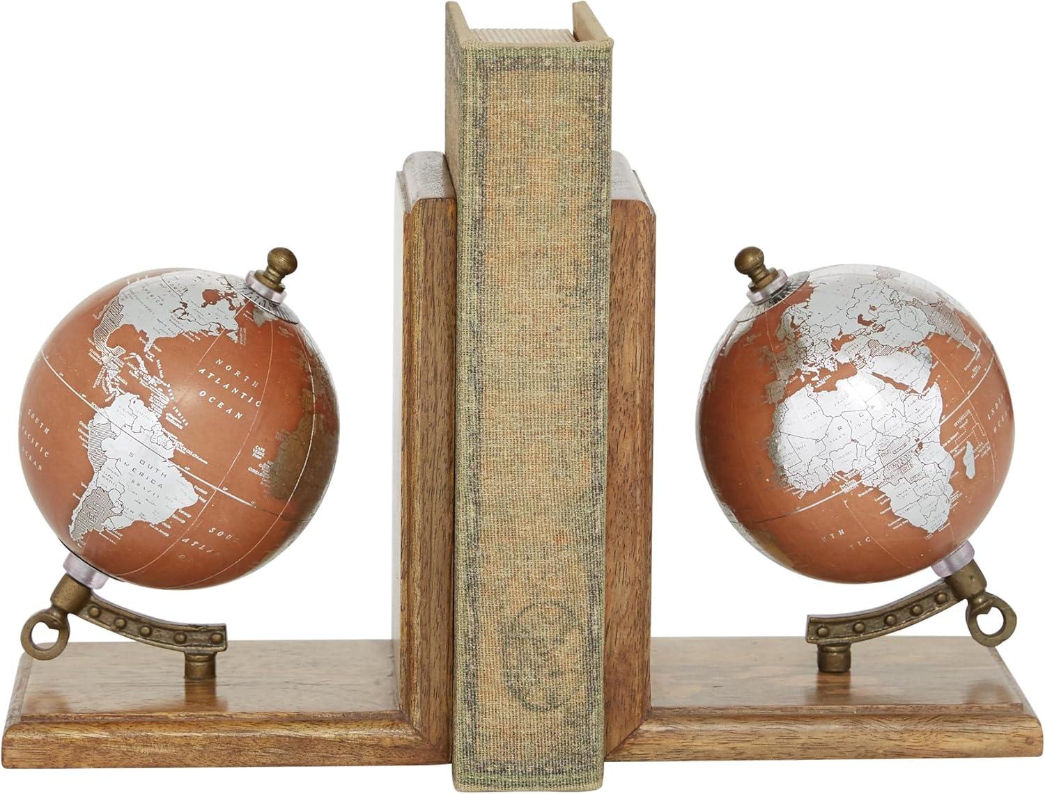 DecMode 6" Globe Brown Wood Bookends (Set of 2)