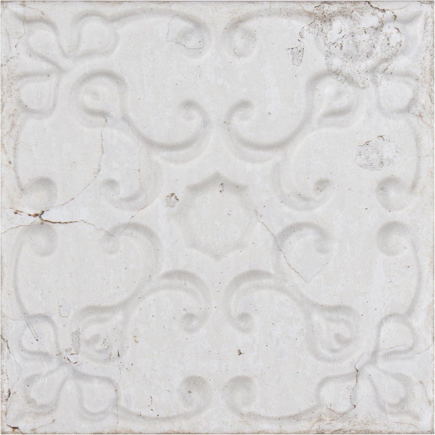 Aevum Ornato White Ceramic Wall Tile with Distressed Patterns