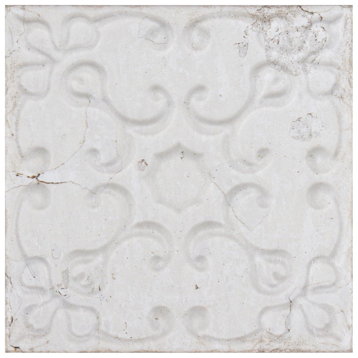 Aevum Ornato White Ceramic Wall Tile with Distressed Patterns