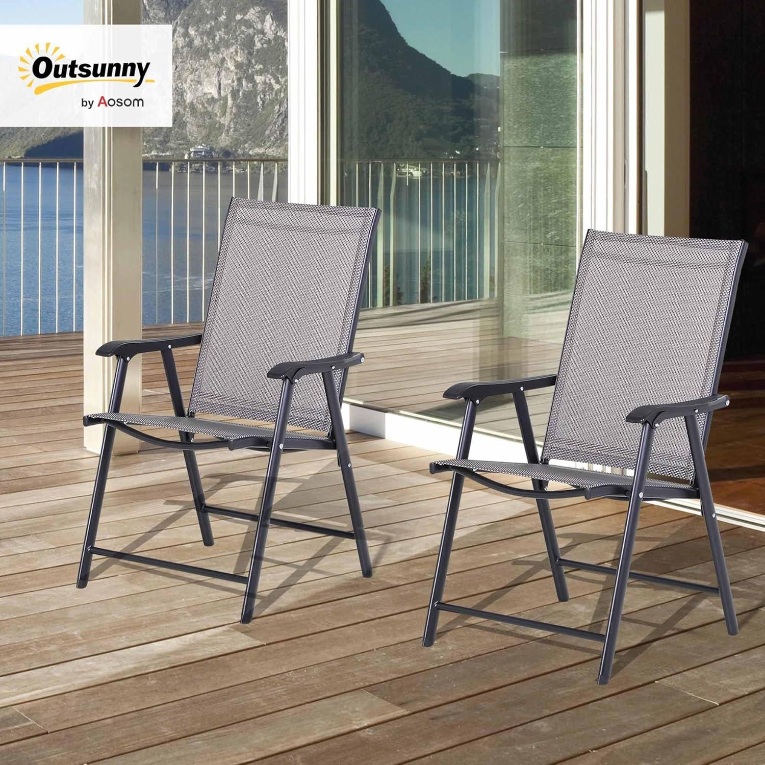 Outsunny Set of 2 Patio Folding Chairs, Stackable Outdoor Sling Chairs with Armrests for Lawn, Camping, Dining, Beach, Metal Frame, Gray