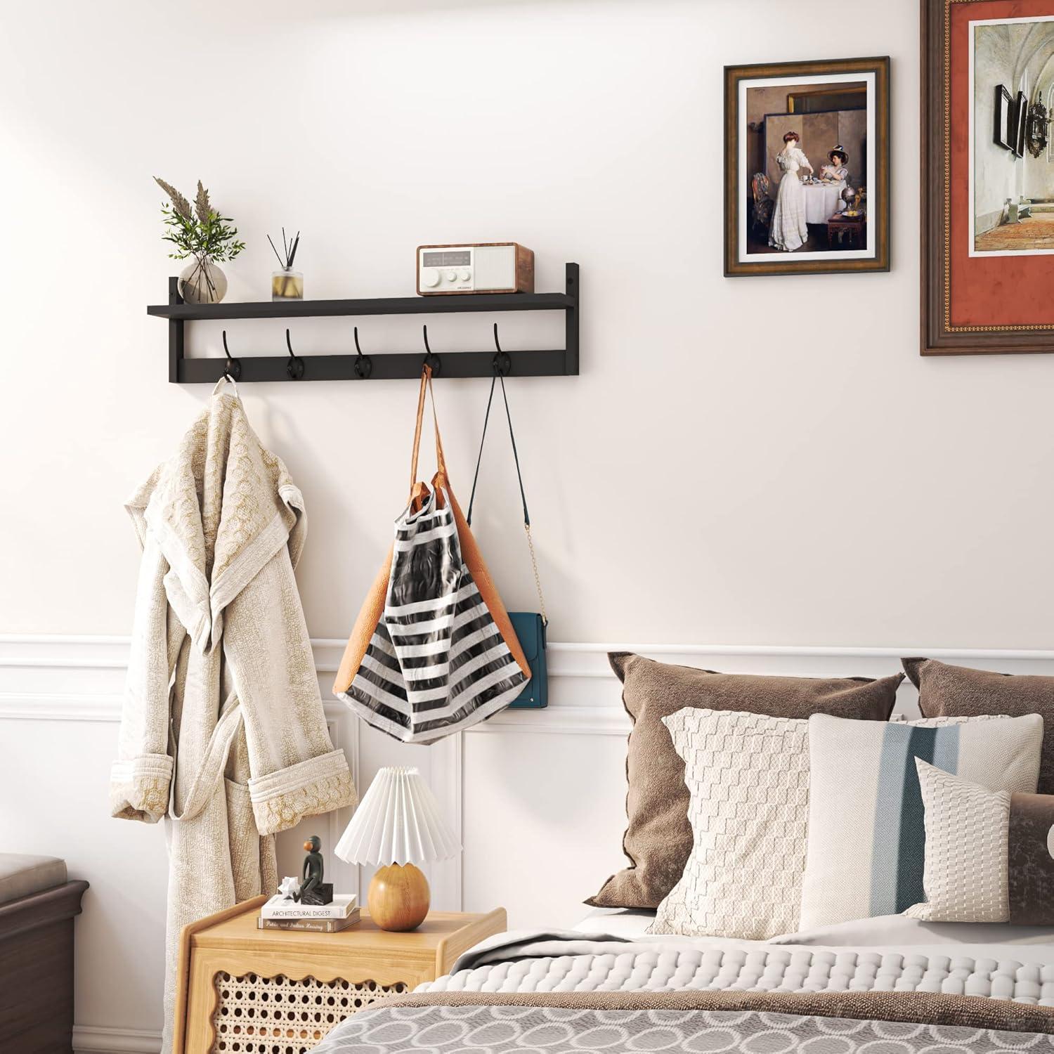 Black Wall-Mounted Coat Rack with Shelf and Hooks