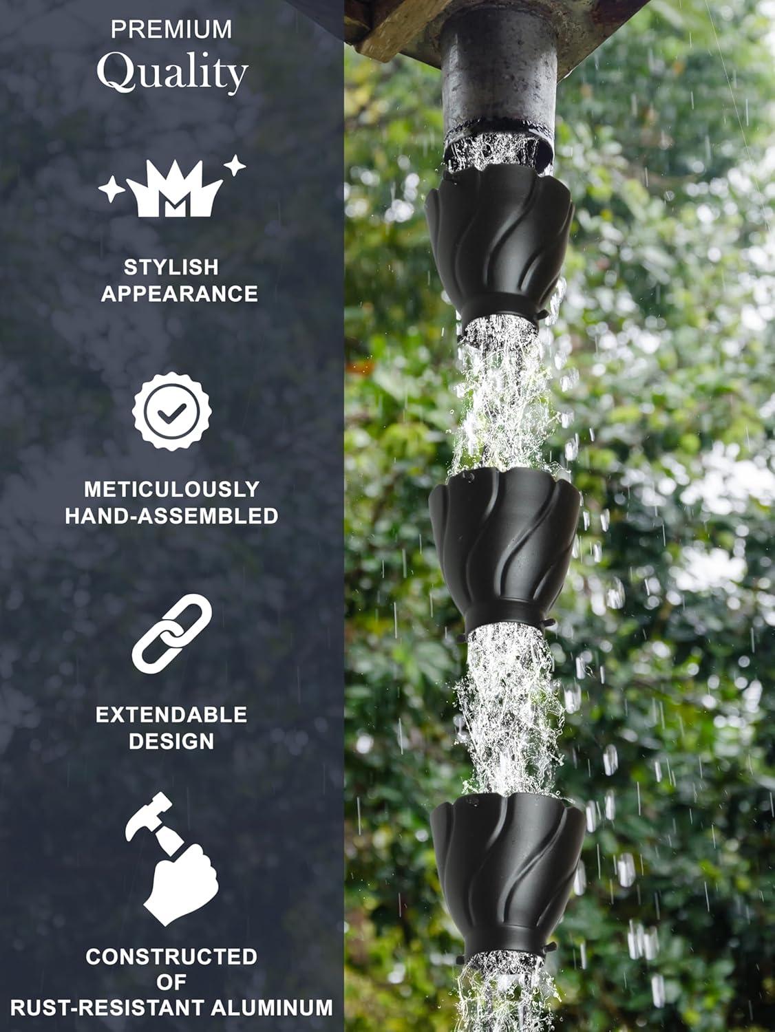 Akira Black Aluminum Flower Rain Chain, 8.5 Feet