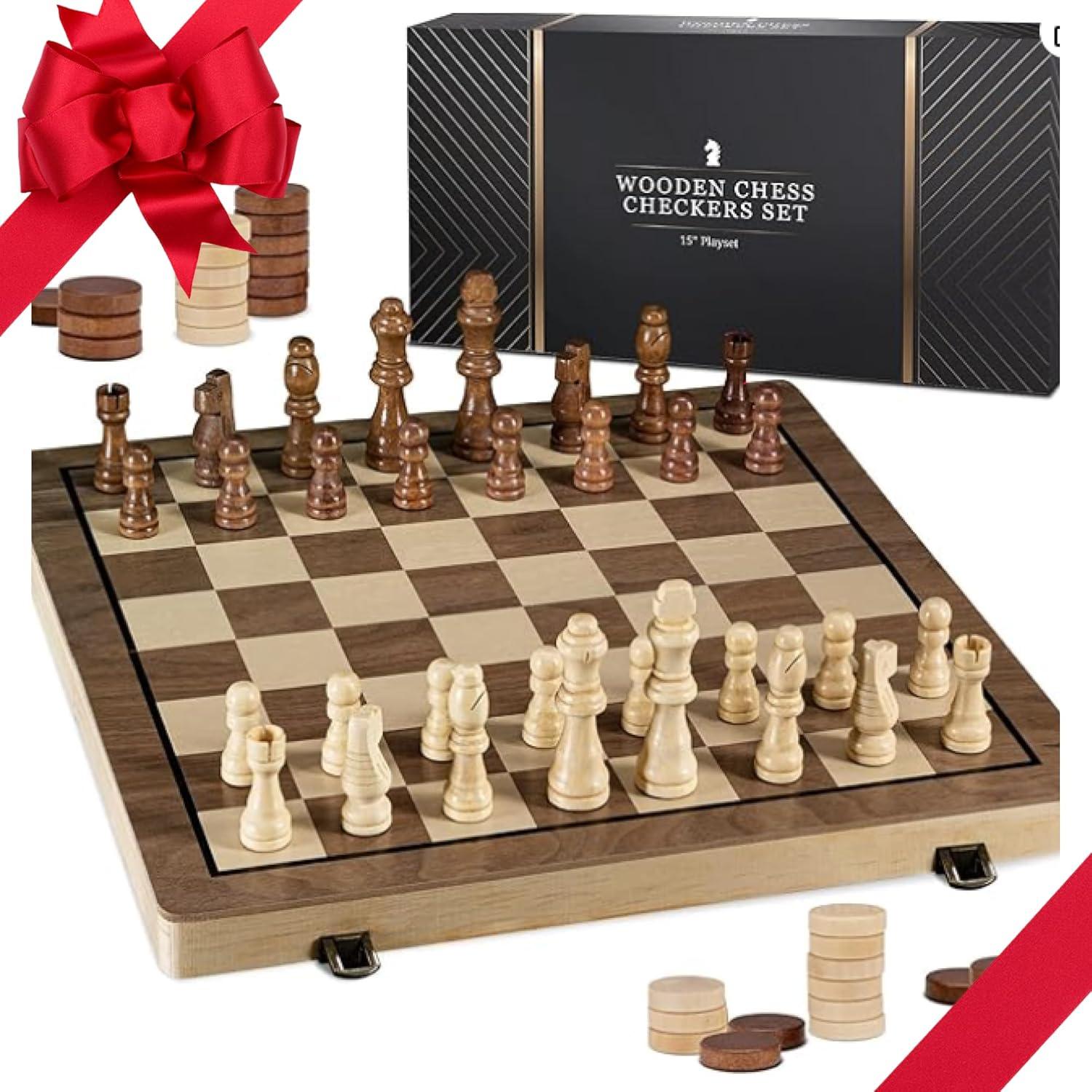 KiddiTouch 15 inch Magnetic Wooden Chess Set 2 in 1 Folding Chess Board Travel Chess Games for Adults and Kids-2 Extra Queen Pieces