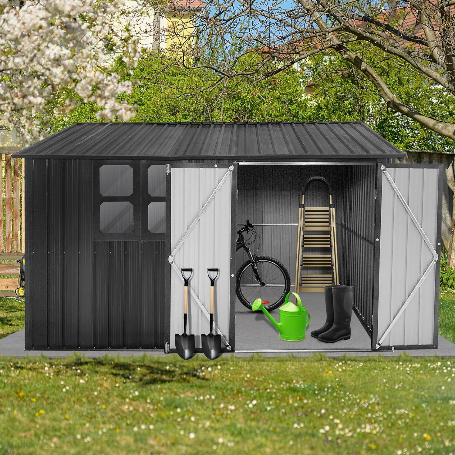 10ftx8ft Metal garden sheds outdoor storage sheds with window, Dark-grey