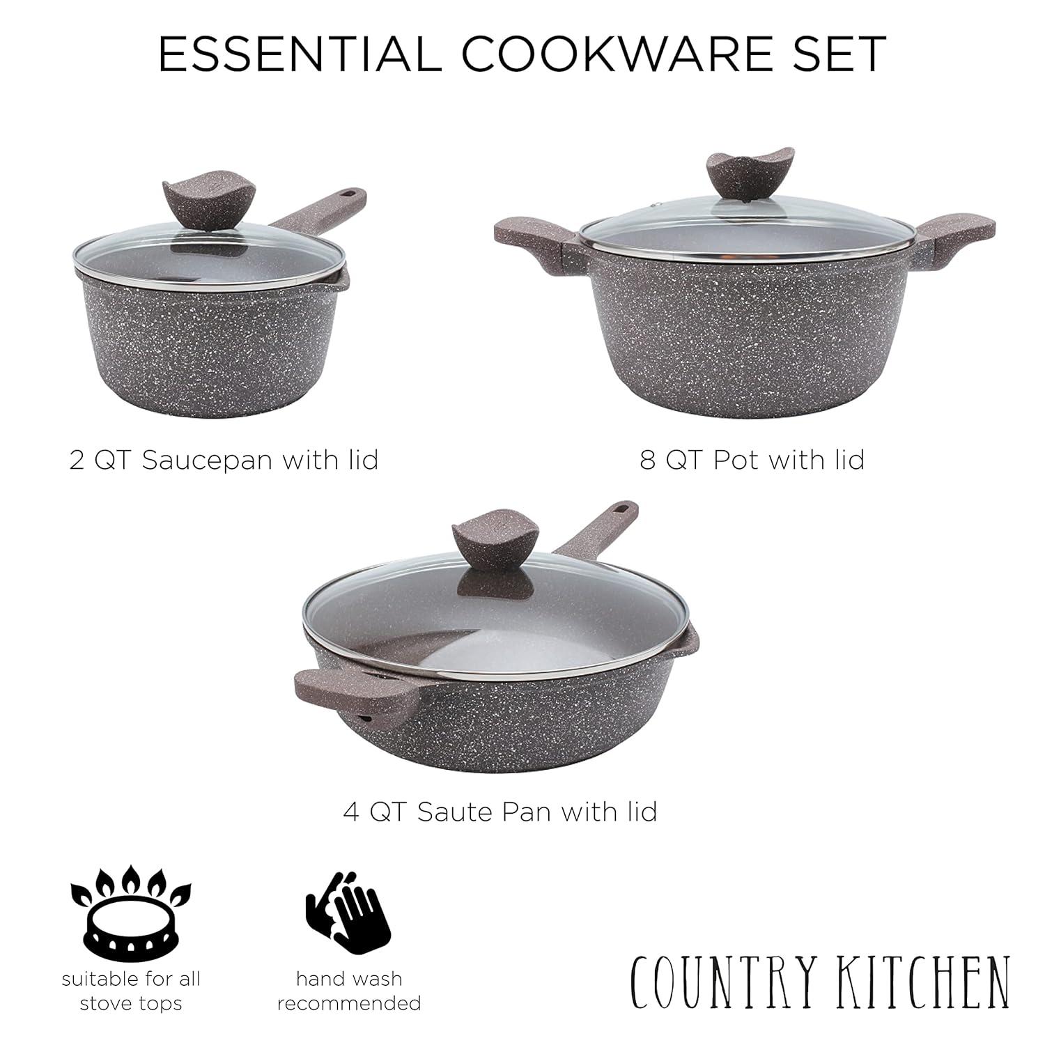 Chocolate Brown Non-Stick Cast Aluminum Cookware Set with Glass Lids, 6 Pc.
