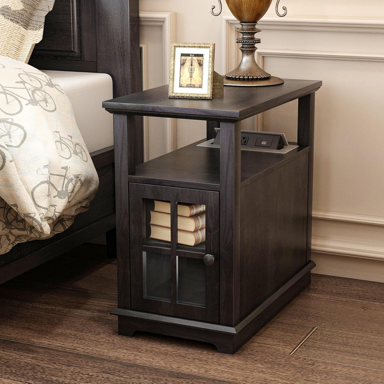 FAGAGA End Tables for Living Room with Charging Station, Wooden Nightstand for Bedroom with Storage Detachable Holder | Blackgrey