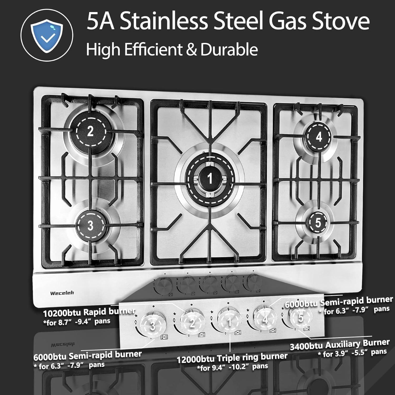 34" Dual Fuel 5 Burner Gas Cooktop with Dual Size Power Burner, Stainless Steel Gas Stove