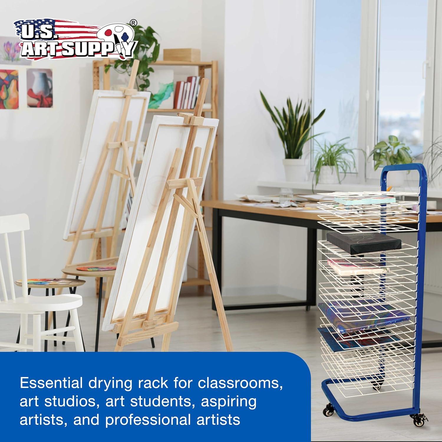 U.S. Art Supply 25 Shelf Art Drying Rack for Classrooms and Studios - Mobile Wheels, Wall Mountable, 25 Removable Shelves - Stack Store Artwork, Canvases Paintings Drawings - 14.5" D x 17.5" W x 38" H