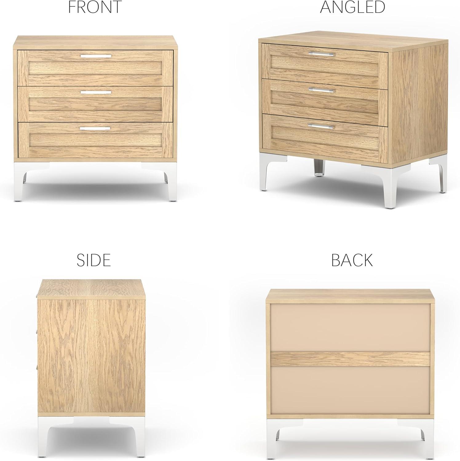 WiberWi Night Stand 3 Drawer Nightstand Dressers for Bedroom Mid-Century Modern Couch Side End Table for Living Room Wood Bedside Table with Drawers&Polished Silver Legs,Light Walnut